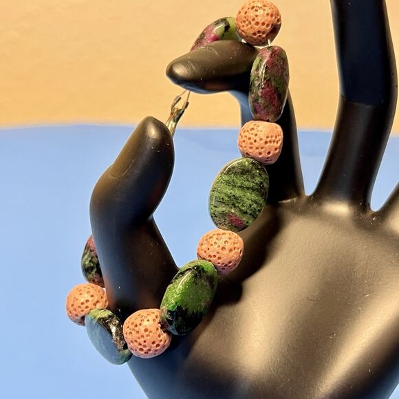 Fancy Jasper And Java Rock Beaded Bracelet Green And Pink 7" Mykonos Fish Hook - Picture 3 of 5